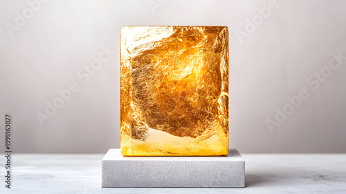 Gold cube luxury cosmetic packaging studio shot gold foil matte background minimal still life Elegant gold cube luxury cosmetic packaging studio shot with gold foil texture concrete pedestal