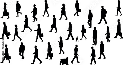 Collection of black walking silhouettes of diverse people arranged in rows, featuring posture variation, clothing styles, and pedestrian lifestyle illustration reference