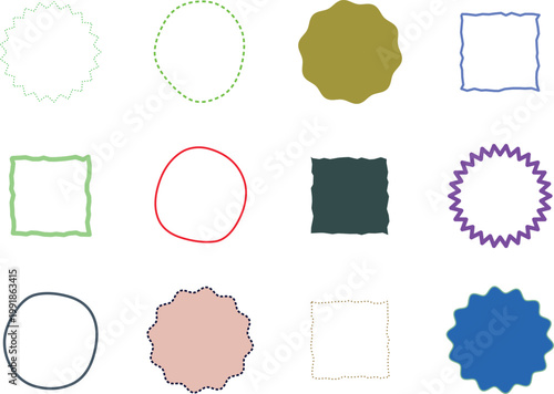 Collection of Playful Graphic Elements on White Background, Vector Set for Various Applications, Funky Style with Circles, Squares and Starbursts for Branding, Decoration and Creative Projects, Templa