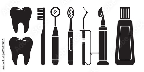 Dental Care Icons Set Vector Illustration with Tooth Toothbrush Mirror Probe Drill Syringe and Toothpaste in Minimal Flat Style