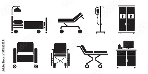 Hospital Furniture and Medical Equipment Icons Set Vector Illustration with Bed Wheelchair Stretcher IV Stand Cabinet and Sink in Minimal Flat Style