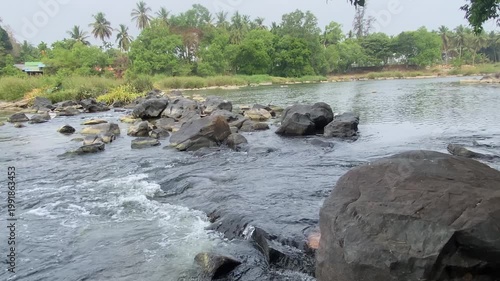 A small river glides over smooth stones, its gentle murmur blending with rustling leaves. Sunlight filters through trees, painting the water in gold, as nature breathes quietly all around.