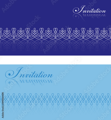 Invitation cards with decorative calligraphic border and lettering on blue background. Reflection effect.