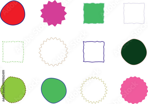 Playful Geometric Shapes Arranged in Neat Rows on White Background, Ideal for Creative Design Projects, Educational Materials, and Art Therapy Activities, Featuring Colorful Outlines and Whimsical Sty