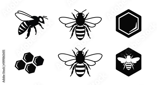 Stylized black and white illustrations of bees and honeycomb shapes