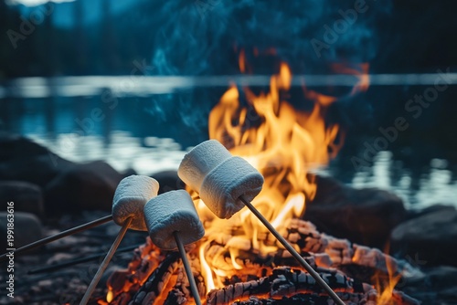 Roasting marshmallows over a campfire by the lake at dusk.