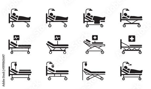 Hospital bed medical equipment collection including patient care stretchers and emergency transport mobile gurneys.