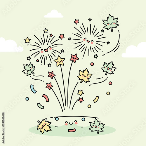 Colorful cartoon fireworks exploding outside.