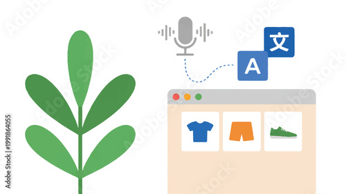 Flat design illustration of translation technology with plant and clothes icons