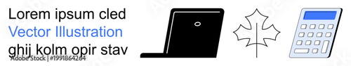 Office tools, technology, nature, education, mathematics, productivity. Laptop with a maple leaf icon and calculator alongside placeholder text. Office tools and technology concept
