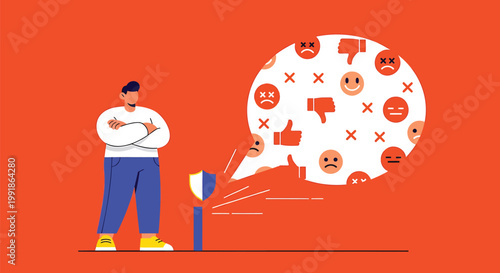 Social media emotions, negative feedback, man with speech bubble, vector illustration, orange background