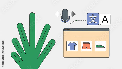 hand gesture with microphone and translation icons on computer screen