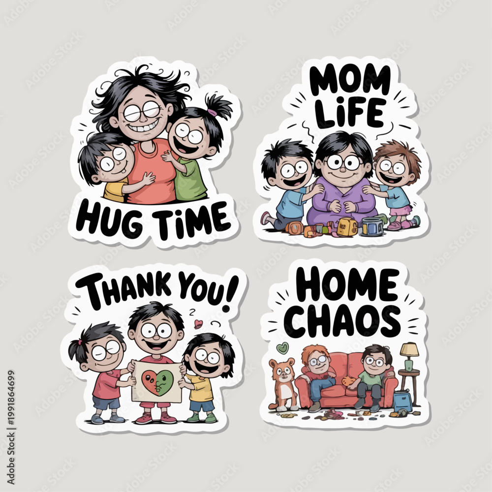 Fototapeta premium Hand-Drawn Sticker Icon Set – Mother’s Day, Mom, Child, Love, Flowers, Celebration 