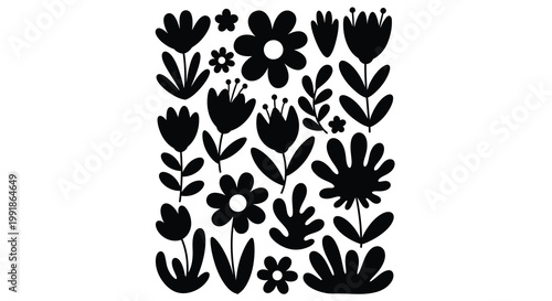 Stylized black floral arrangement with various botanical shapes