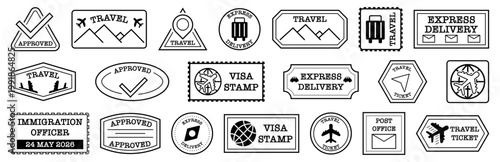 Travel stamp icon collection in outline style. Set of tourism badges with airplane ticket delivery and visa elements