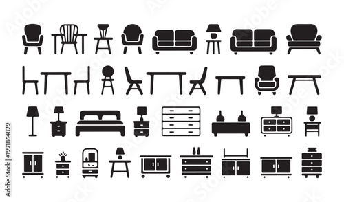 Furniture icon collection set including various chairs, tables, beds, and cabinets, isolated on white background.