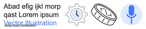 Technology, time management, financial systems, audio recording, data , virtual assistant. Gear with clock, coin and microphone icon alongside placeholder text. Technology and time management