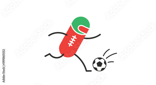 A cartoon football kicking a soccer ball.