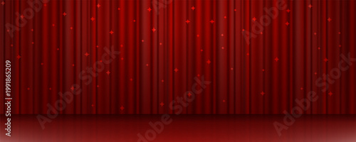 Theater curtain stage background. Red drapery with light reflections creates classic performance scene