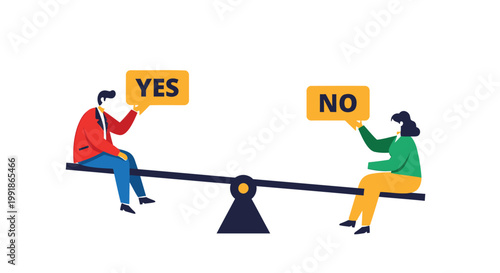 Decision making concept, balance scale illustration, yes no choices, people on seesaw