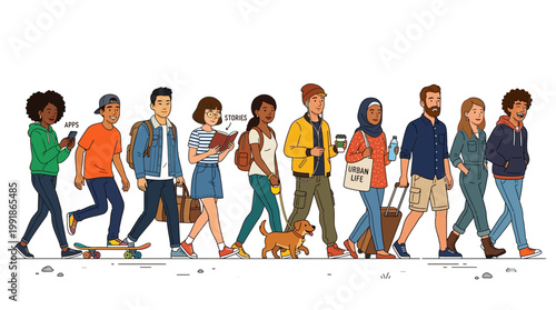 Diverse group of adults walking together with a small dog in a casual street scene illustration