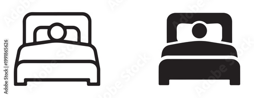 Fotografi Single bed icon with person sleeping under covers, presented in outline and solid styles on white background