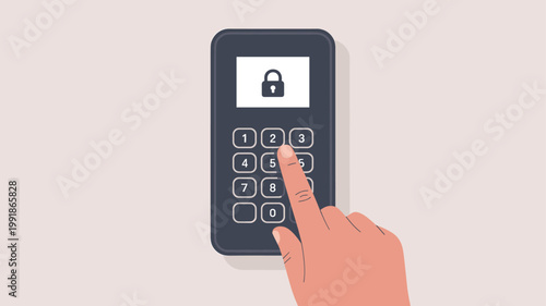 Hand entering code on digital keypad lock for secure access control, Concept of security system, authentication and data protection.