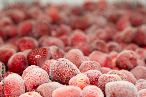 Close up of frozen red strawberries covered in white frost. Industrial quick freezing process for organic berries preservation in food factory.