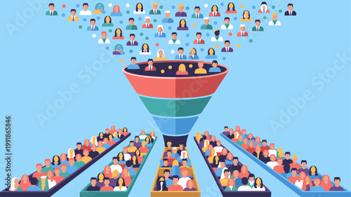 Customer funnel with people groups showing conversion and audience segmentation