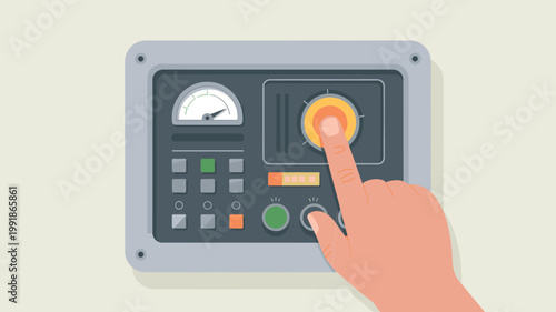 Hand pressing control panel button on industrial interface system, Concept of operation control, automation and machinery management