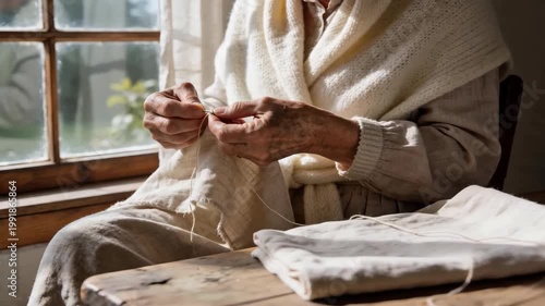 Close up of hands sewing fabric by window, traditional handmade craft, slow living lifestyle, sustainable clothing repair, textile work at home