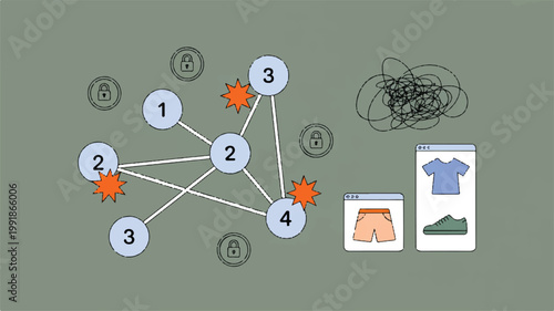 Network diagram with numbered nodes and security locks and clothing icons