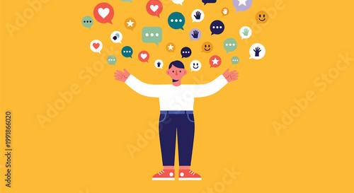 Social media icons, colorful flat illustration of person surrounded by digital communication symbols, social networking concept, flat design