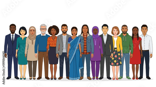 Illustration of a diverse group of people from various ages and ethnicities standing together in colorful outfits