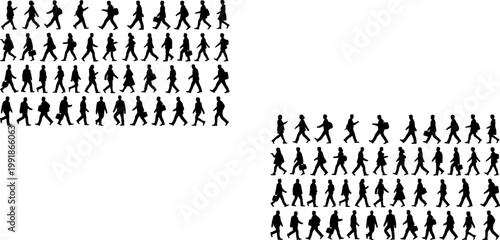 Collection of diverse walking silhouettes arranged in rows, featuring human gait, posture, clothing accessories, and pedestrian lifestyle illustration reference
