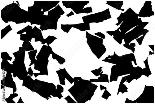 Abstract composition of jagged torn paper scraps in black and white creating a fragmented and dynamic visual texture with negative space flat design graphic element and modern art