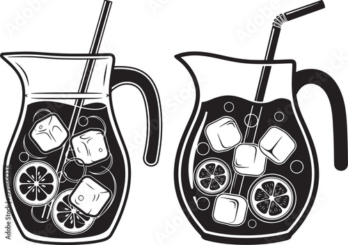 Two carafes filled with iced lemonade or iced tea ice cubes lemon slices black and white food and drink clear liquid beverage container refreshing drink fruit drink summer drink dispen