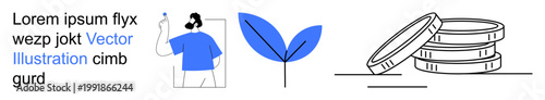Sustainability, economy, health, nature, savings, financial growth. Minimalist design showing a person, a leaf symbol and stacked coins. Sustainability and economy
