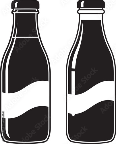 Two glass bottles with blank labels and dark liquid glass bottle blank label black and white food and drink beverage bottle clear bottle space for text glass container beverage illustration