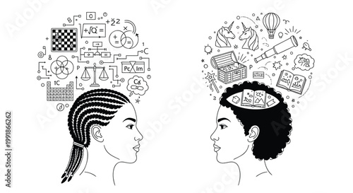 Creative thinking, mind maps, brainstorming concepts, black and white vector icons