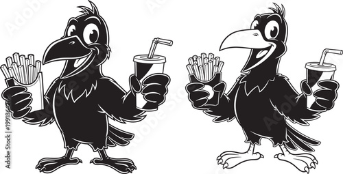 Two cartoon crows holding french fries and a drink with fast food black and white junk food bird character drink cup french fry bird eating illustration character isolated minimalist
