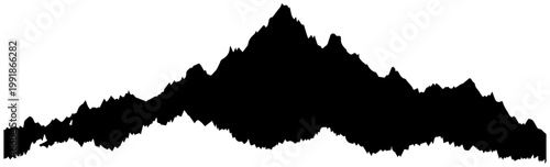 Jagged black mountain range silhouette against a clean white background representing a challenging journey extreme adventure or a stark natural landscape with sharp peaks