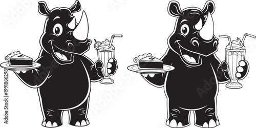 Two cartoon rhinos serving cake and milkshakes with black and white food service baked goods character illustration milkshake silhouette stylized whimsical friendly refreshment celebration