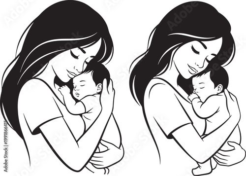 Mother holding her baby with black and white parenthood nurturing maternity maternal affection togetherness peaceful illustration protection adorable tenderness security happiness