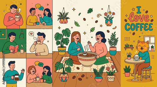 Cozy home cafe scene with friends, plants, and warm colors as they share coffee in a vibrant illustration