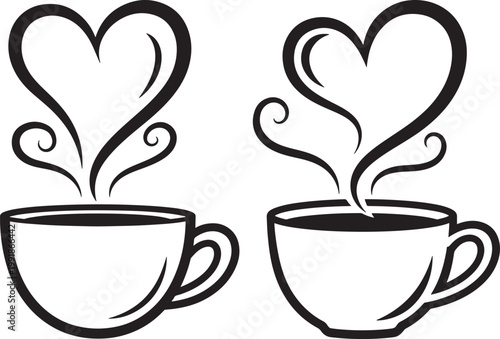 Two cups of coffee with heart steam black and white beverage caffeine illustration romantic enjoyment relaxation refreshment happiness dialogue conversation domestic lifestyle tradition