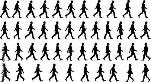 Grid of black walking silhouettes of diverse individuals in motion, illustrating human gait, posture variation, and pedestrian lifestyle concept illustration