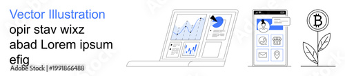 Data analytics, identity verification, cryptocurrency growth, fintech solutions, blockchain, online security. A laptop showing graphs, a smartphone displaying ID details and a Bitcoin icon. Data