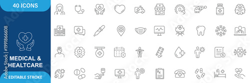 Medical and Healthcare Icon Set. Containing Medical, Pharmacy, Cardiology, Doctor, Nurse, Insurance, Laboratory, Hospital, Treatment and More. Editable Stroke. Vector Illustration