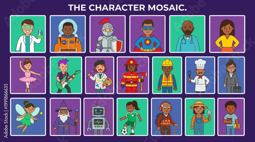 Diverse cartoon character mosaic featuring colorful, stylized avatars in superhero, fantasy, and everyday outfits for creative projects and branding